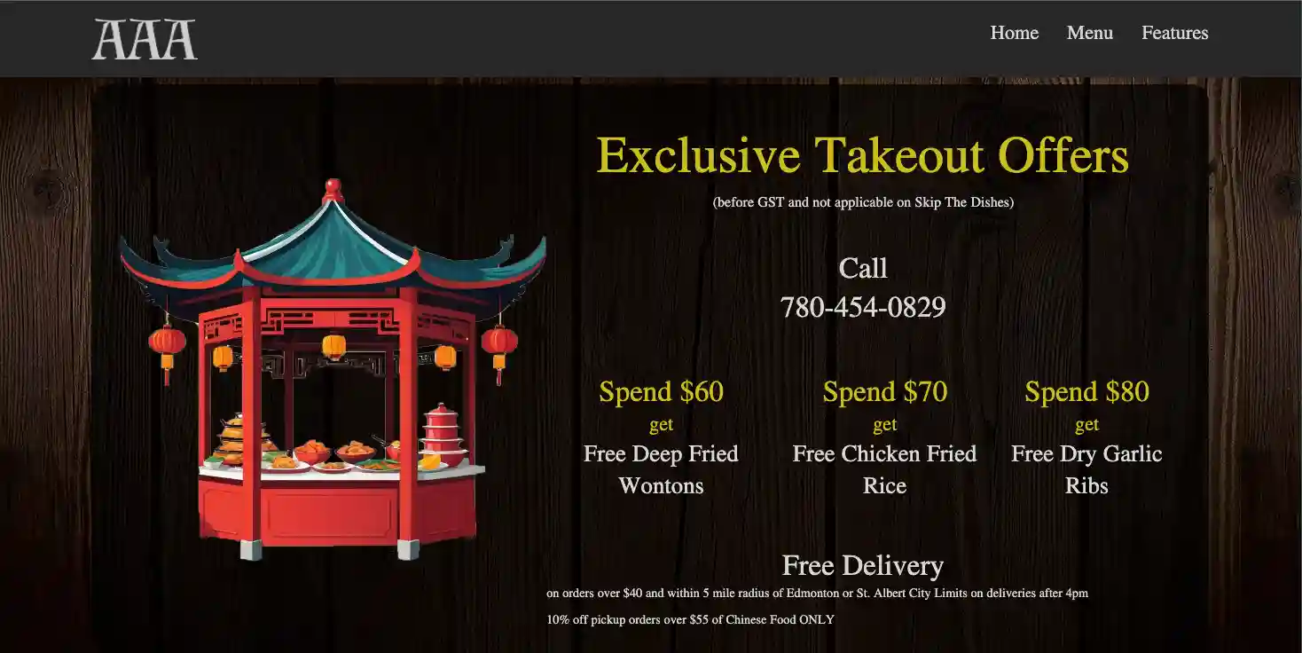landing page of AAA chinese restuarant and lounge webiste
