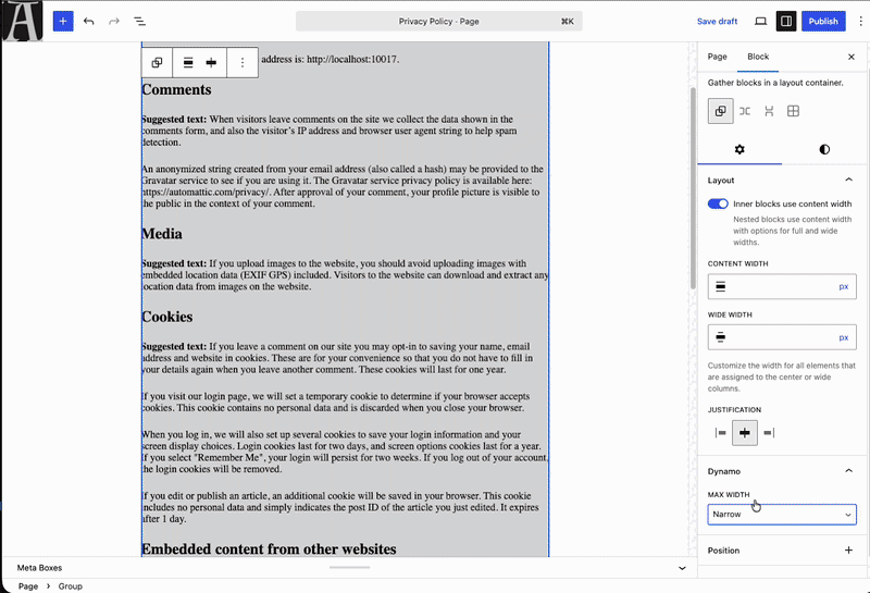 built in max width setting for layout blocks in the block editor