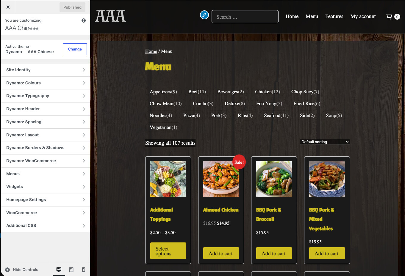 default customizer settings provided by the theme